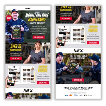 Twoi vertical strips displaying an email design promoting a mountain bike book
