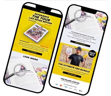 Two mobile phone screens displaying an email design  for a Tour de France book