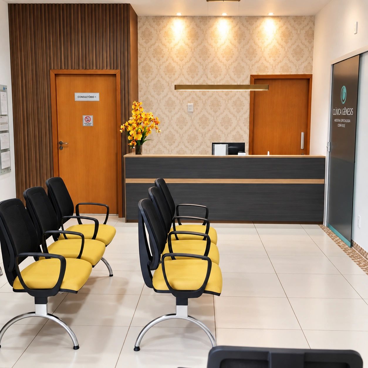 Sala de espera moderna em clínica médica com cadeiras amarelas.