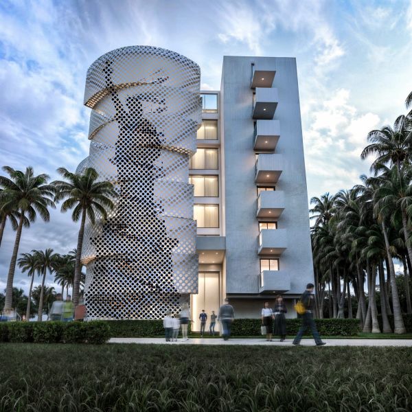 Modern building with artistic facade and palm trees.