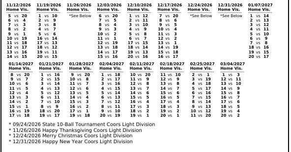 Schedule table for Coors Light Division pool games from November 2026 to March 2027.