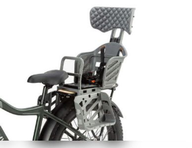 Child bike seat with padded backrest and footrests attached to a bicycle.
