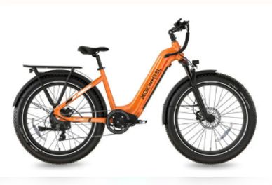 Orange electric bicycle with thick tires and a sturdy frame.