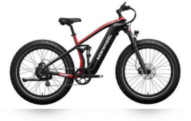 A black and red electric mountain bike with fat tires.