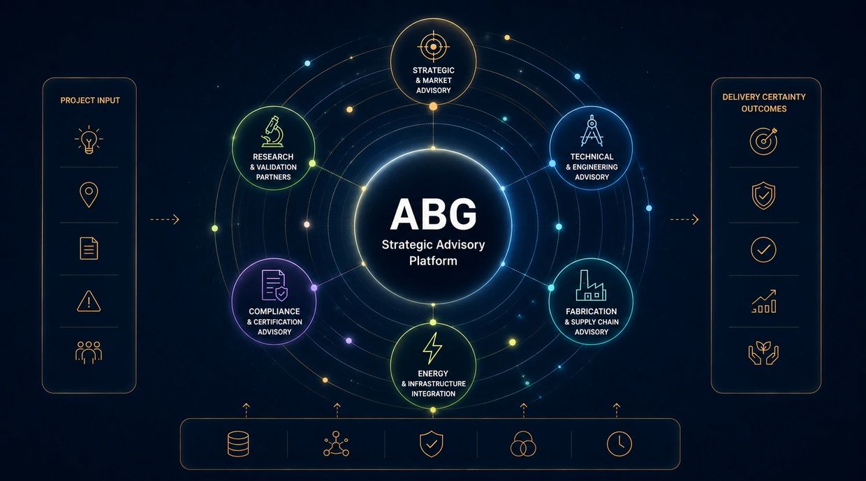 Diagram of ABG Strategic Advisory Platform with key advisory areas and outcomes.