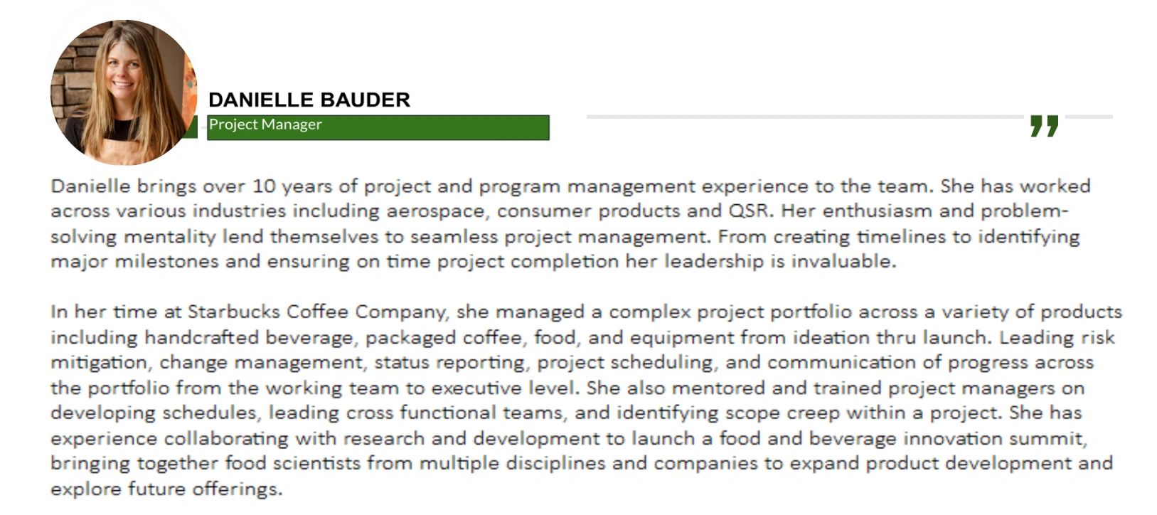 Danielle Bauder, Project Manager at F&B Consulting, specializes in QSR and CPG.