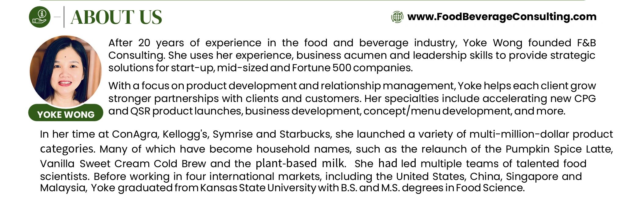 Yoke Wong is the president of F&B Consulting. With a focus on product development and product launch