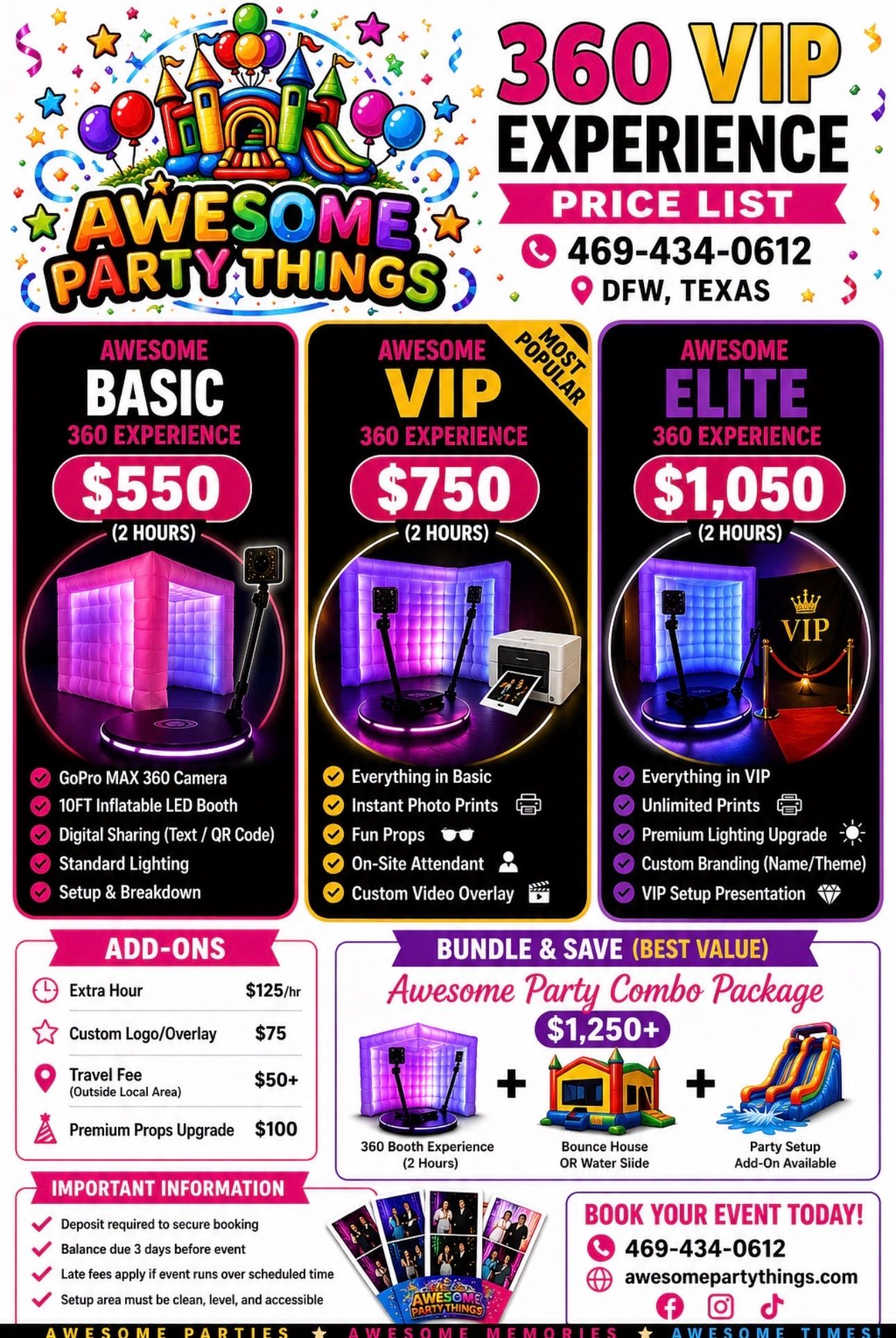 Colorful party rental price list with three 360 photo booth experience packages.