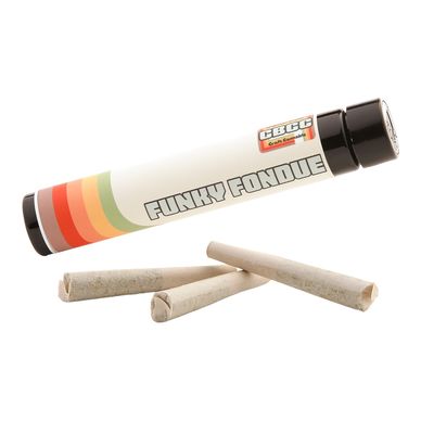 Three rolled joints next to a colorful tube labeled Funky Fondue.