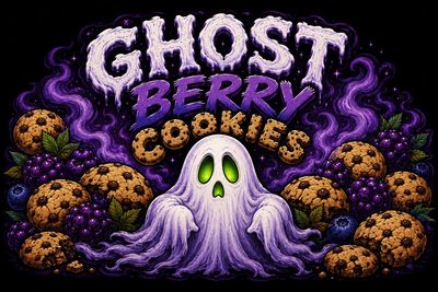 A ghost surrounded by cookies and berries.