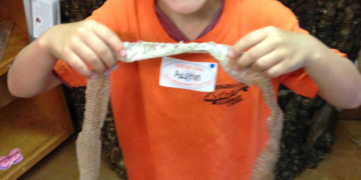 Happy boy examining a snake's skin.