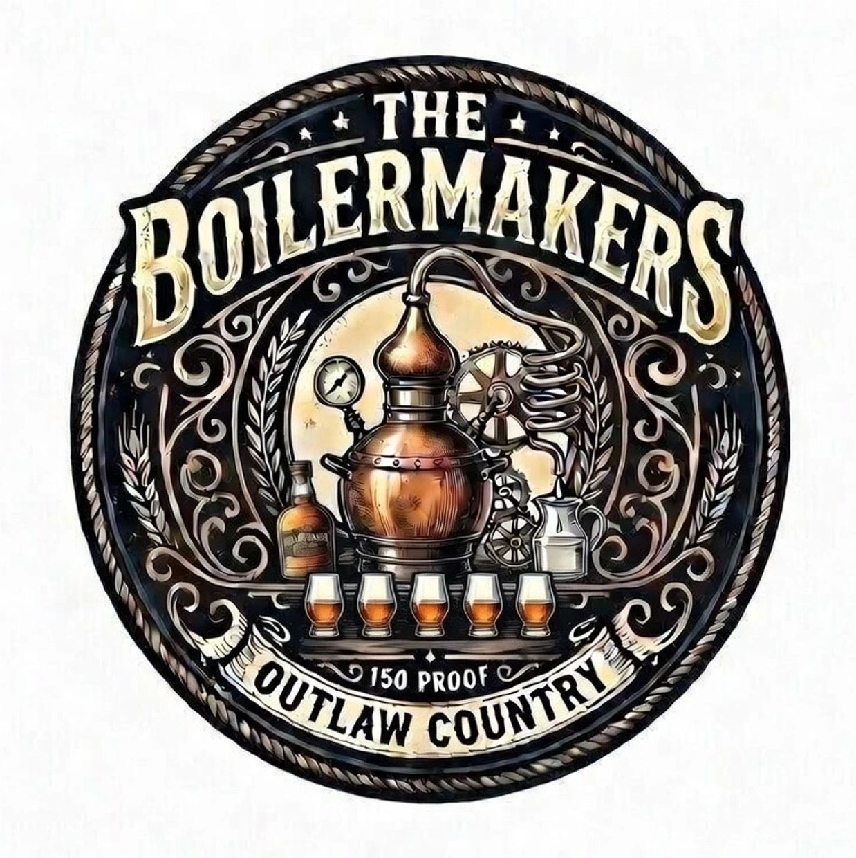 Logo of The Boilermakers featuring a distillery and whiskey glasses.
