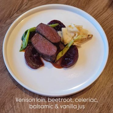 Venison loin with beetroot and celeriac.
