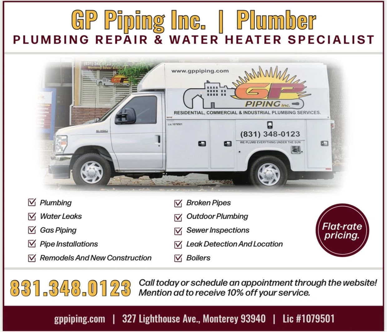 Plumbers Monterey, CA. Plumbing repair and water heater specialist. Carmel by the sea, CA. GP Piping