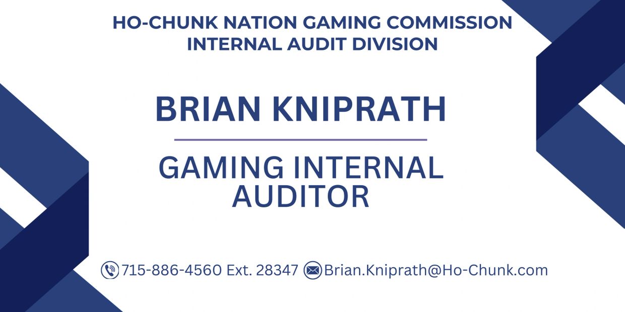 Business card for Brian Kniprath, Gaming Internal Auditor at Ho-Chunk Nation Gaming Commission.