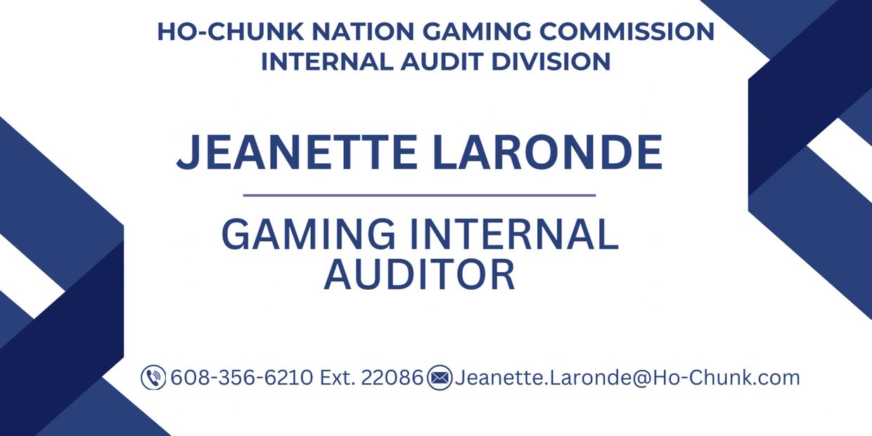 Business card for Jeanette Laronde, Gaming Internal Auditor at Ho-Chunk Nation Gaming Commission.