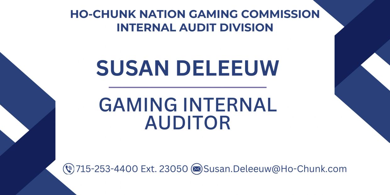 Business card for Susan Deleeuw, Gaming Internal Auditor at Ho-Chunk Nation Gaming Commission.