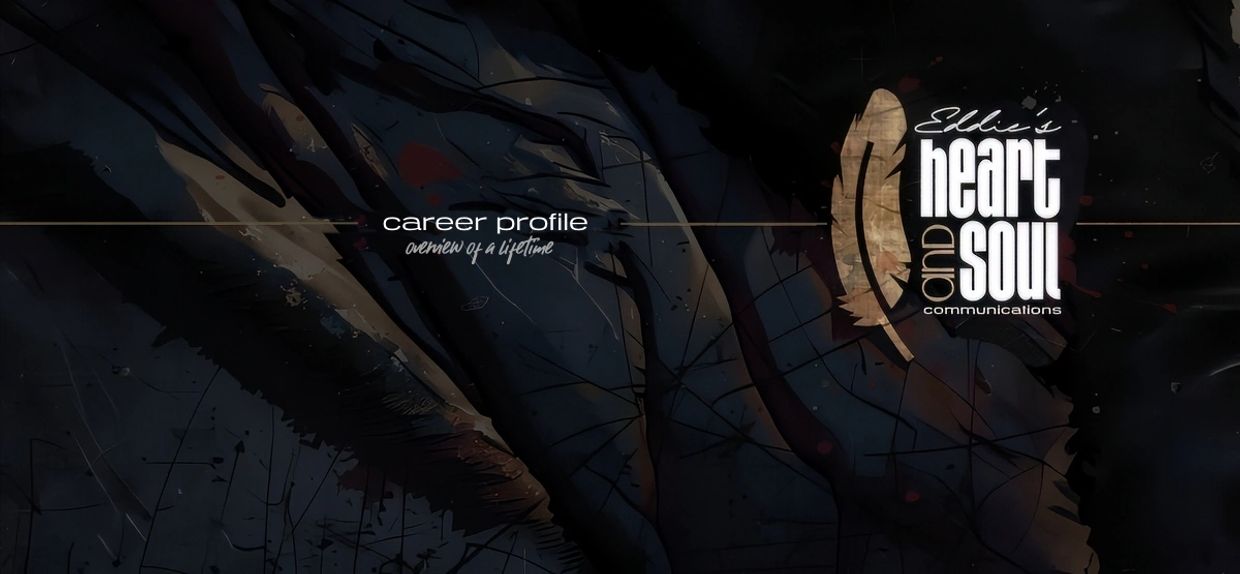 Dark-themed graphic with text about a career profile and communications.