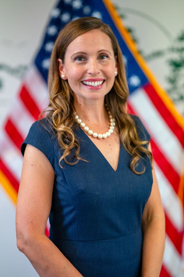 Professional woman in blue dress smiling with American flags behind her.