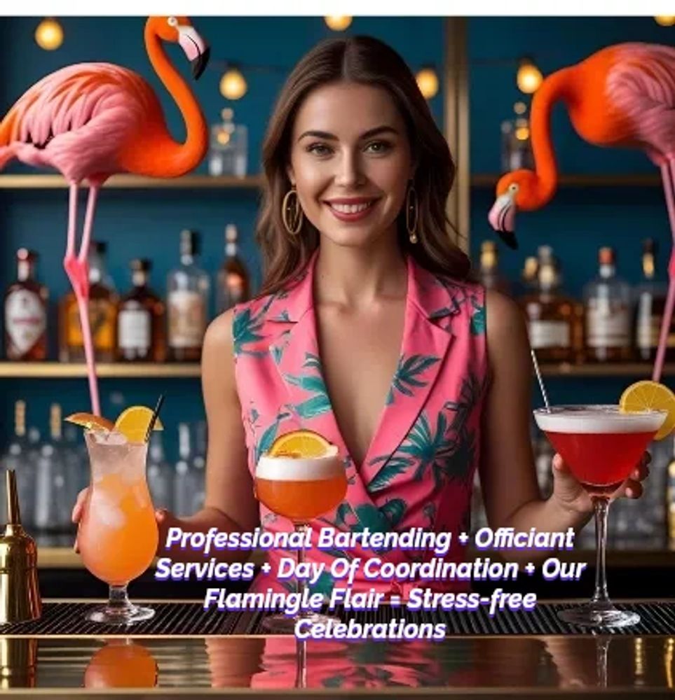 Woman bartender in pink tropical outfit with colorful cocktails and flamingo decorations.