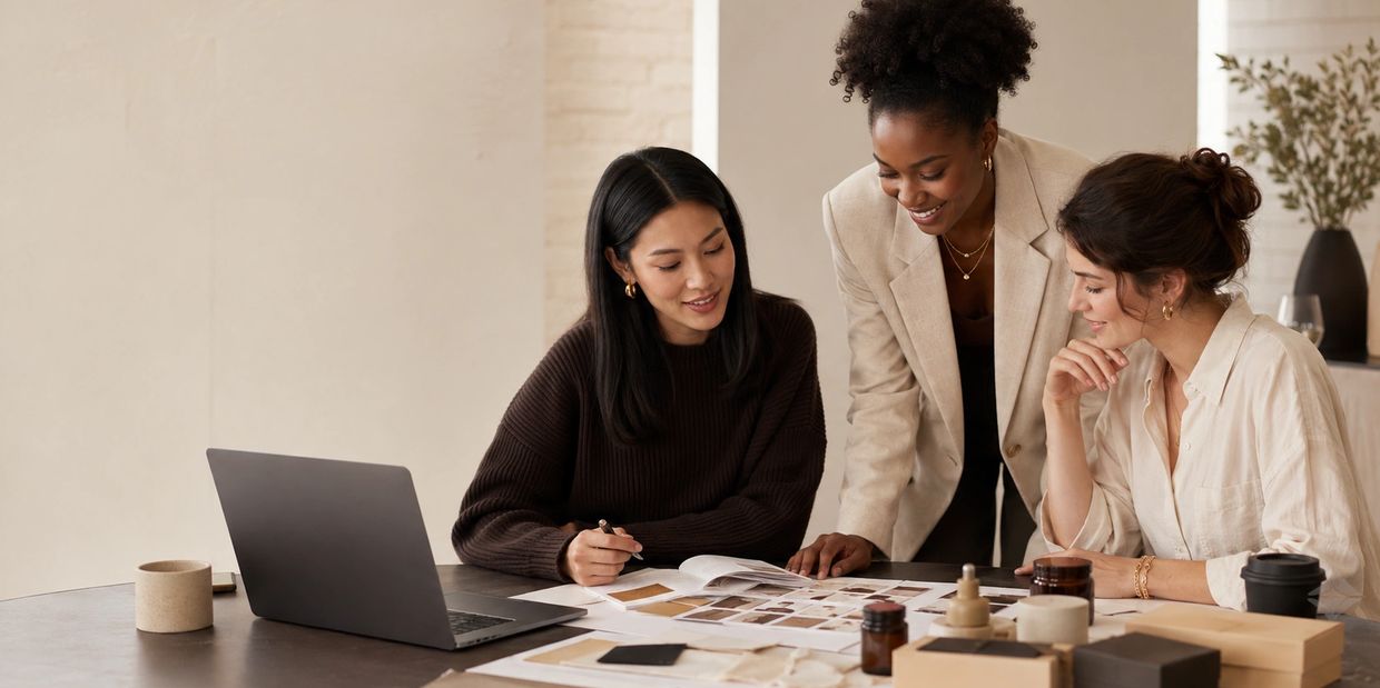 Three women collaborating on design work at a table.