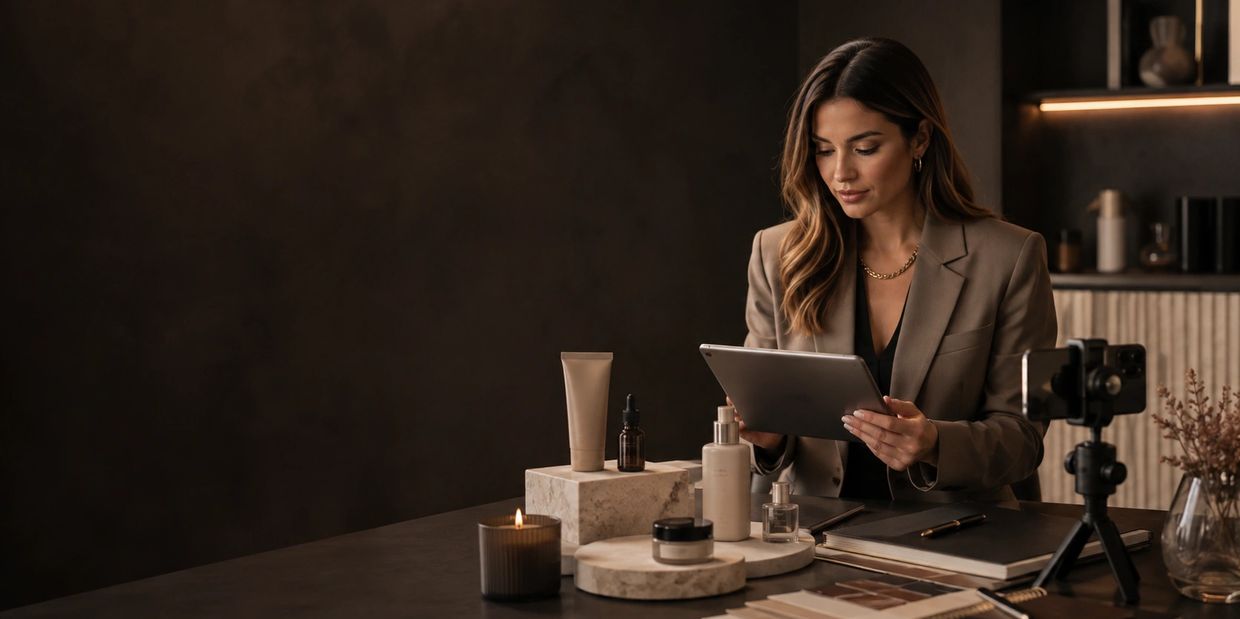 Woman using tablet with skincare products and camera setup.