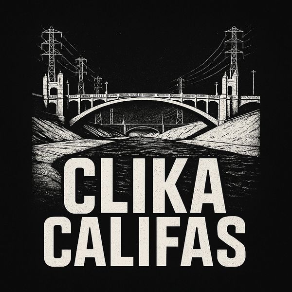 Urban Streetwear design featuring Los Angeles bridge and waterway, with bold "CLIKA CALIFAS" text 