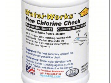 Container of WaterWorks Free Chlorine Check test strips with 50 strips.