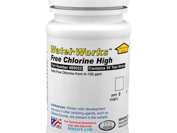 Bottle of WaterWorks Free Chlorine High test strips for water testing.