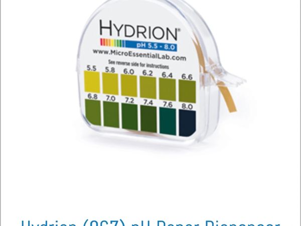 Hydrion pH paper dispenser with color chart for pH 5.5 to 8.0.