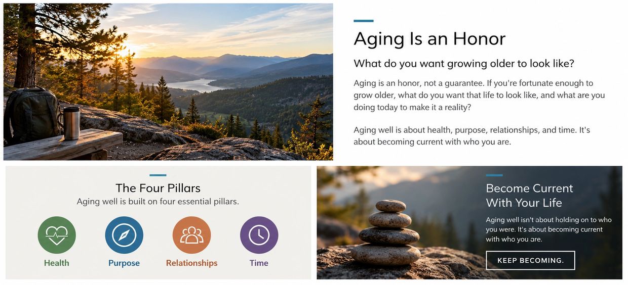 Scenic sunset with a message on aging and wellness.