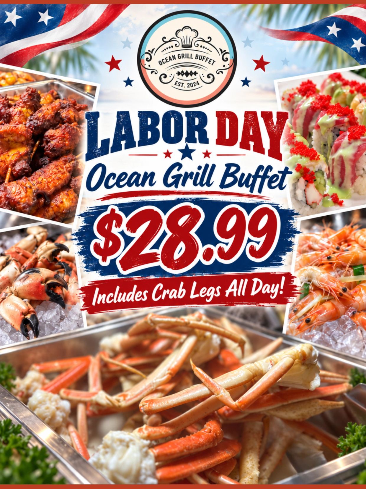 Labor Day 28.99 poster crab legs, sushi, chicken skewers 