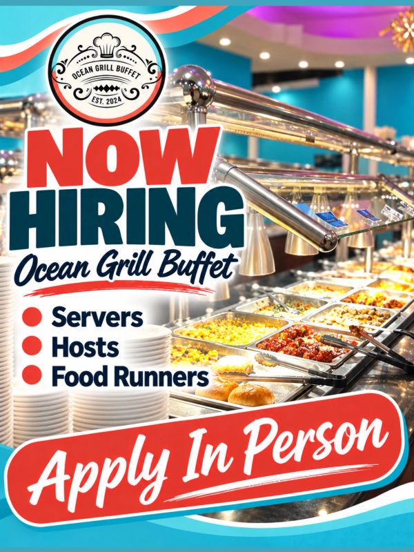 Now Hiring Servers, food runners, hosts 