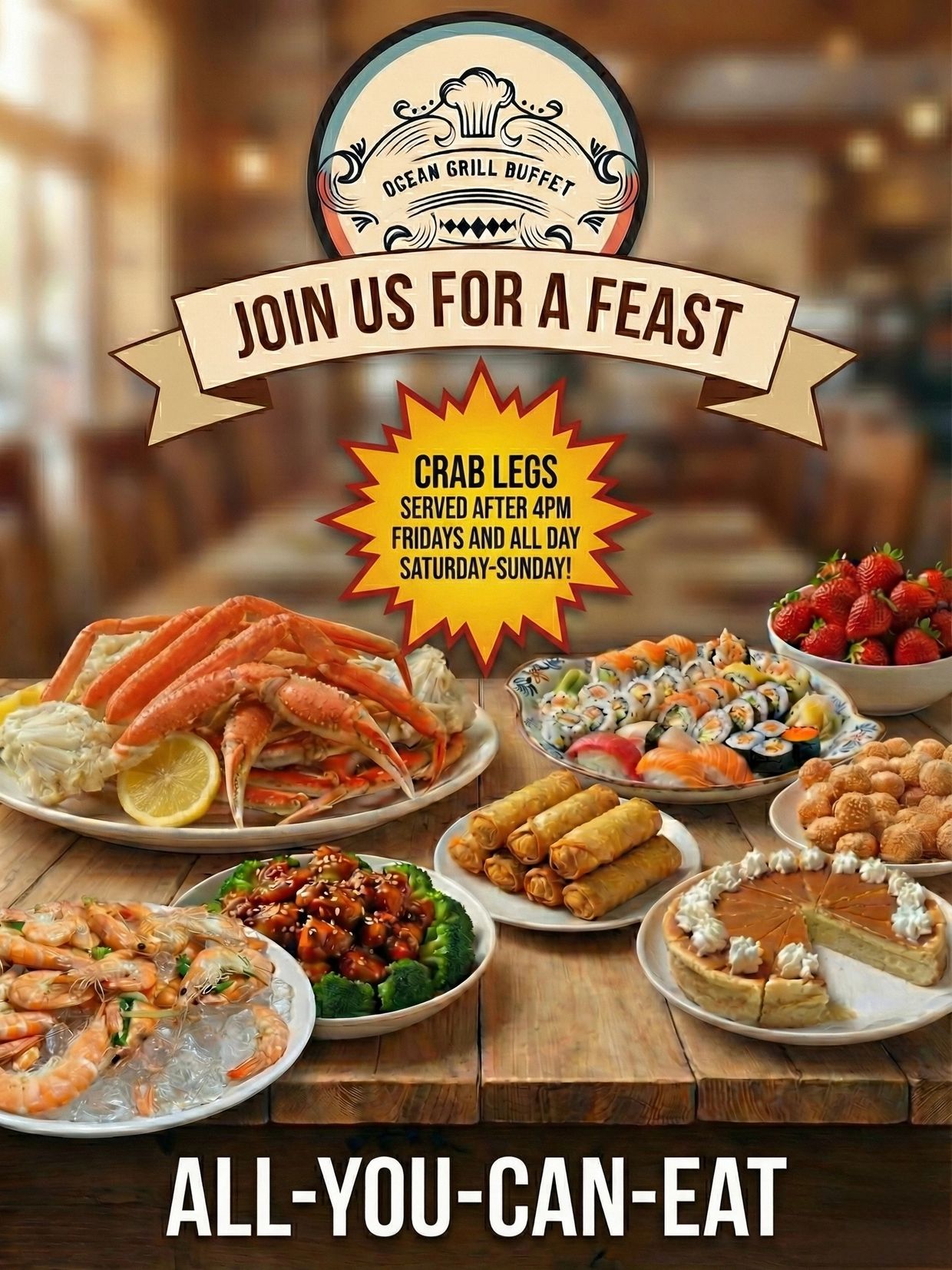  Promo Poster with snow crab legs, sushi, shrimp, sesame balls, pie and more.