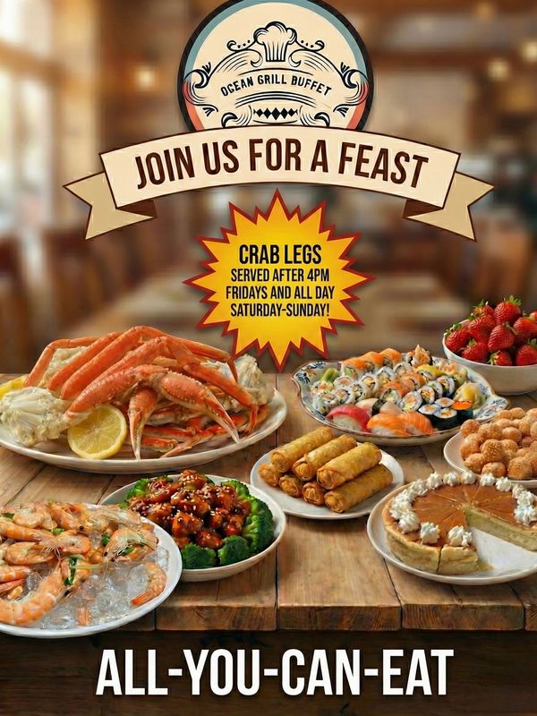 crab legs, sushi, shrimp, egg rolls, pie, sesame balls and strawberries on plates piled high.