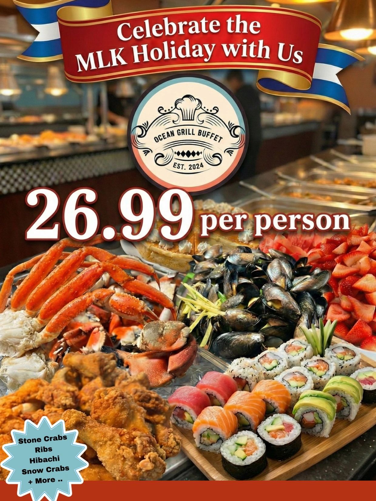 MLK Day Promo Poster with crab legs, sushi stone crabs