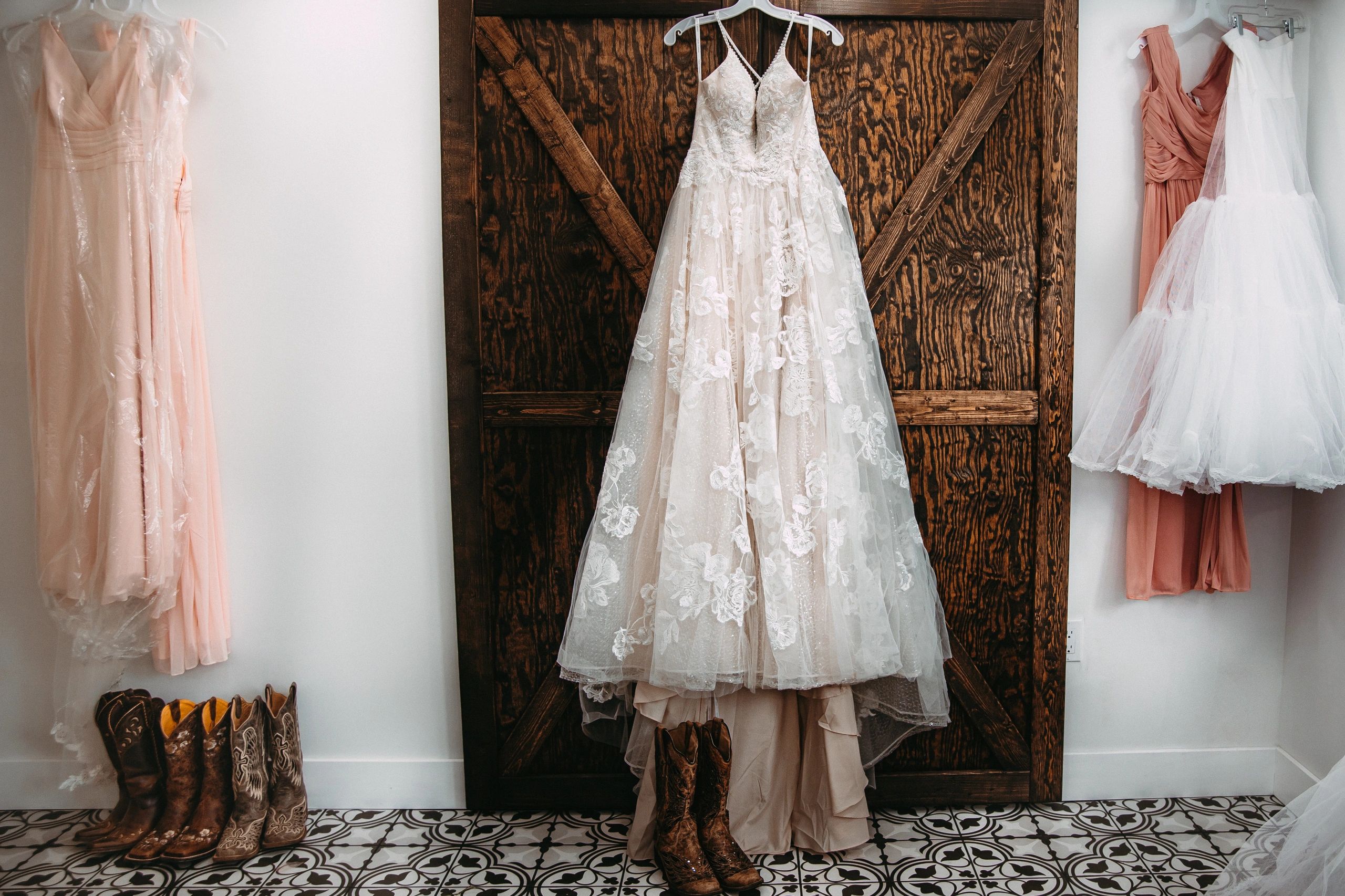 Brides's Maids dresses in bridal suite.