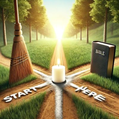 A candle between a broom and a Bible at a crossroads labeled 'Start' and 'Here'.
