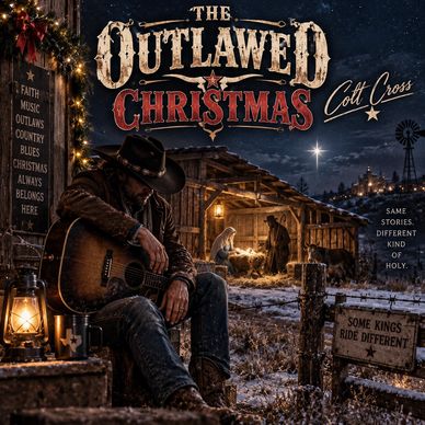 Outlaw-themed Christmas album cover with cowboy and nativity scene.