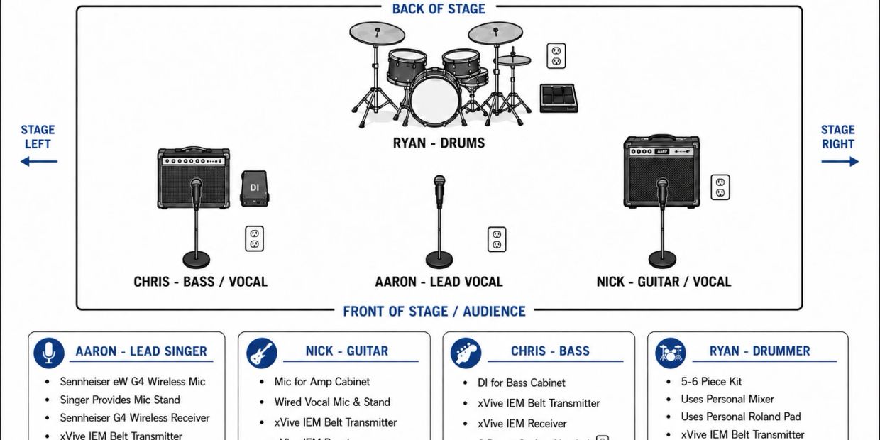 Stage setup diagram for band with roles and equipment.