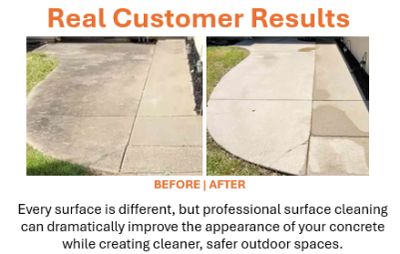 Before and after photos of a cleaned concrete surface.