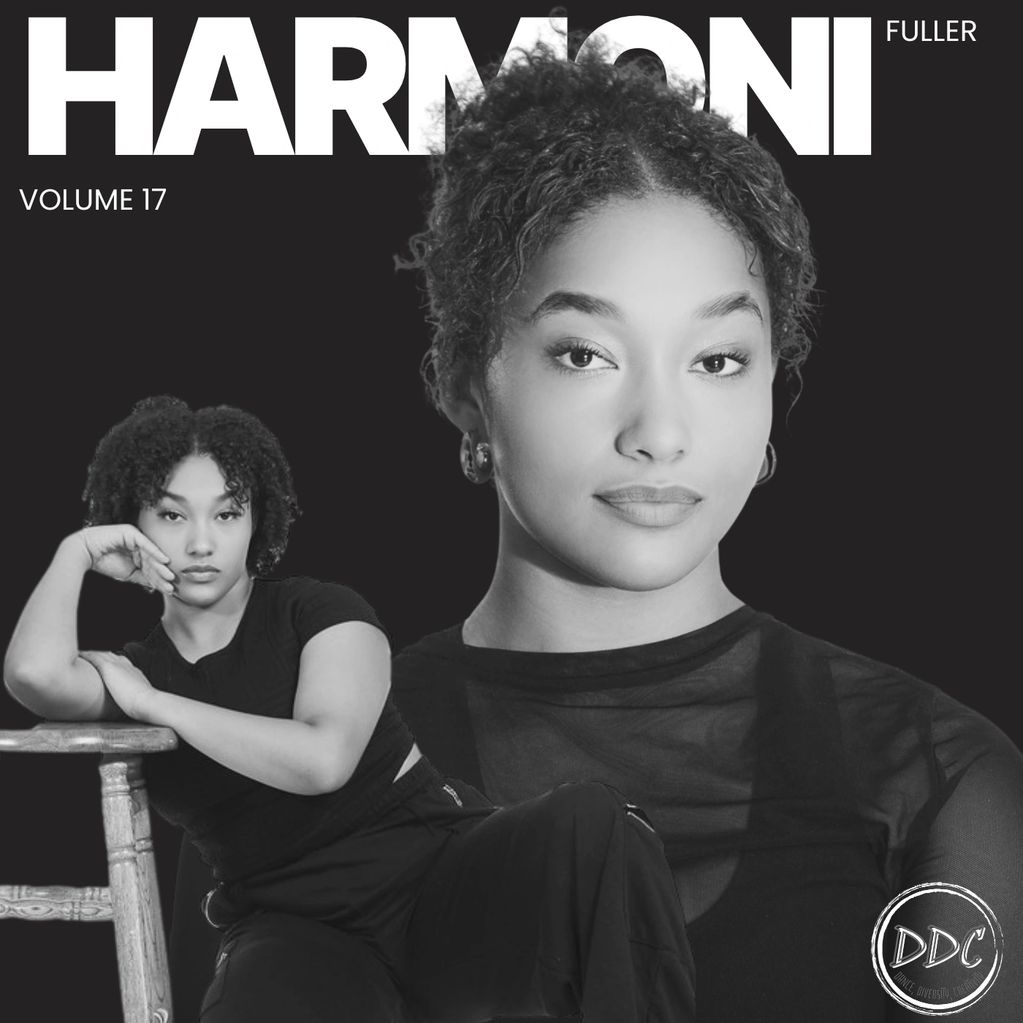 Black and white magazine cover featuring a woman named Harmoni.