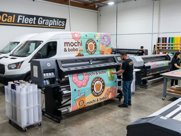 Large-scale printing of colorful mochi and boba graphics in a commercial workshop.