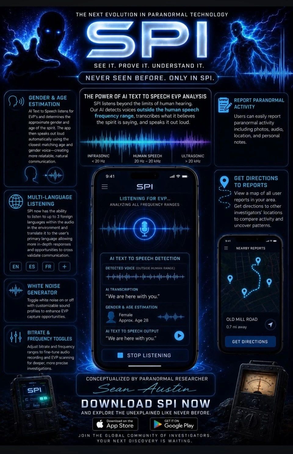 SPI app uses AI to detect and analyze paranormal EVP with features like gender estimation and multi-language support.