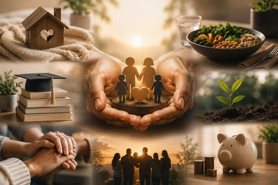 Collage representing family, education, growth, savings, and support.