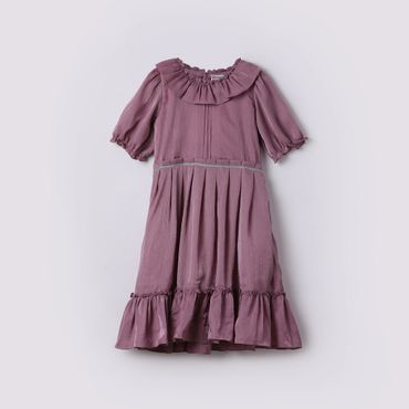 Mauve knee-length dress with pleats and ruffled hem for girls.