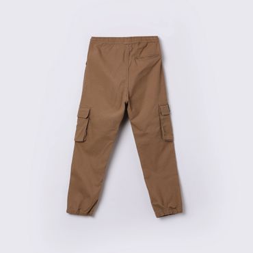 Brown cargo pants with elastic cuffs and side pockets.