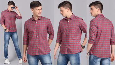 Man modeling a red checkered shirt with blue jeans in multiple poses.