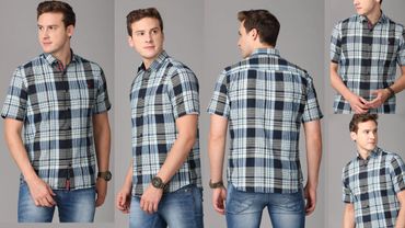 Male model showcasing a blue and gray plaid short-sleeve shirt from multiple angles.