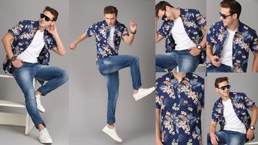 Man modeling a floral blue shirt with jeans and white shoes in various poses.